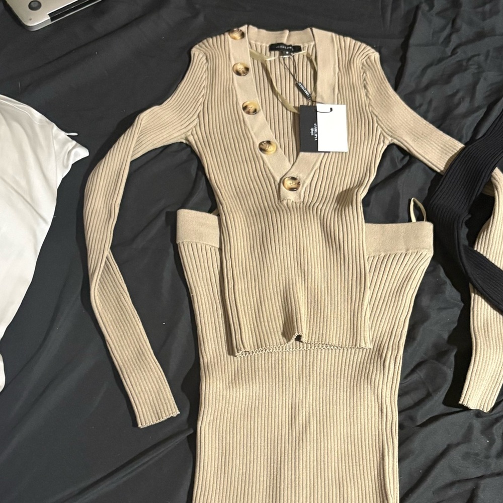 JLUXLABEL Taupe Jessy Ribbed Button-Accent Knit Set - Picture 8 of 10